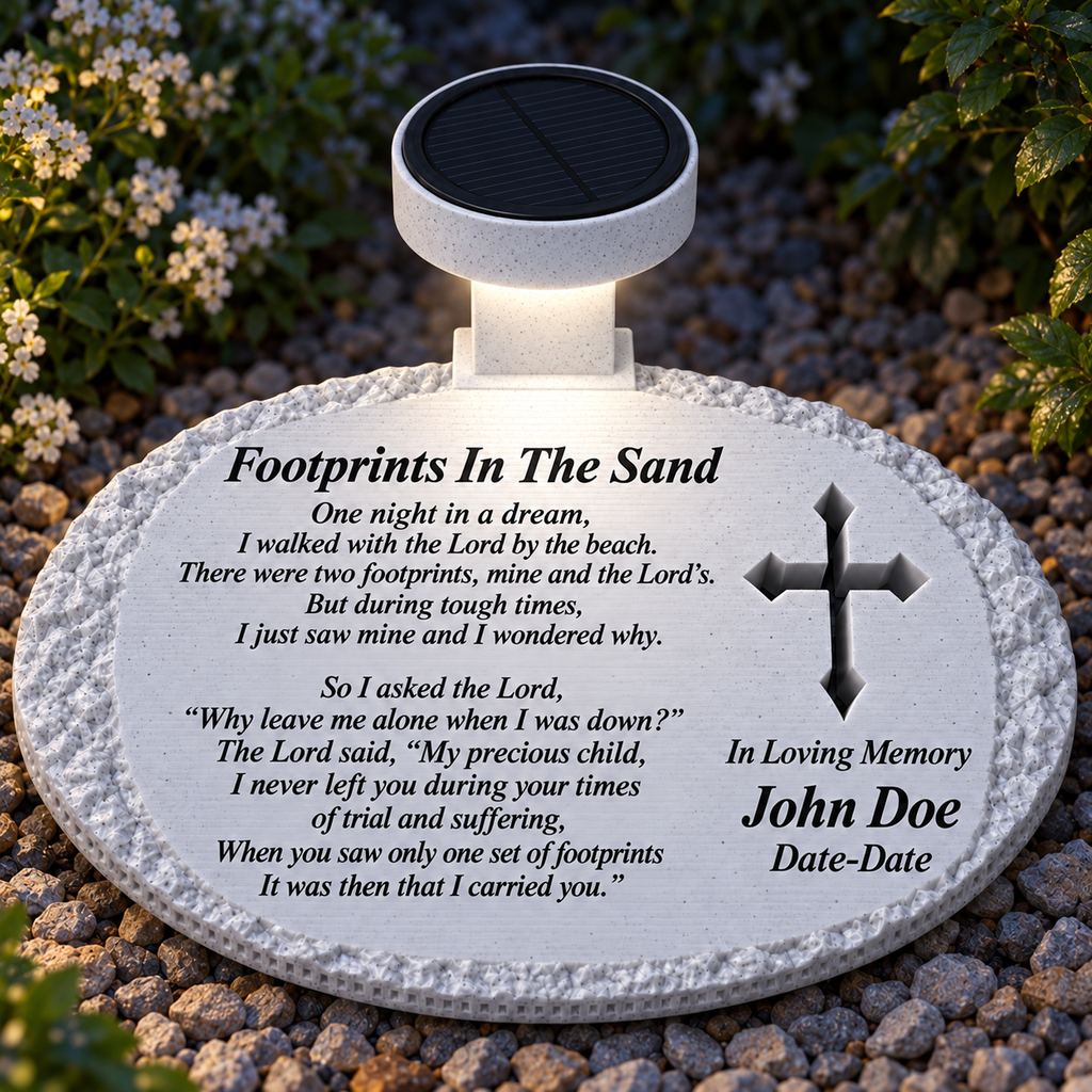 White rough oval solar memorial with cross and Footprints In The Sand illuminated at dusk