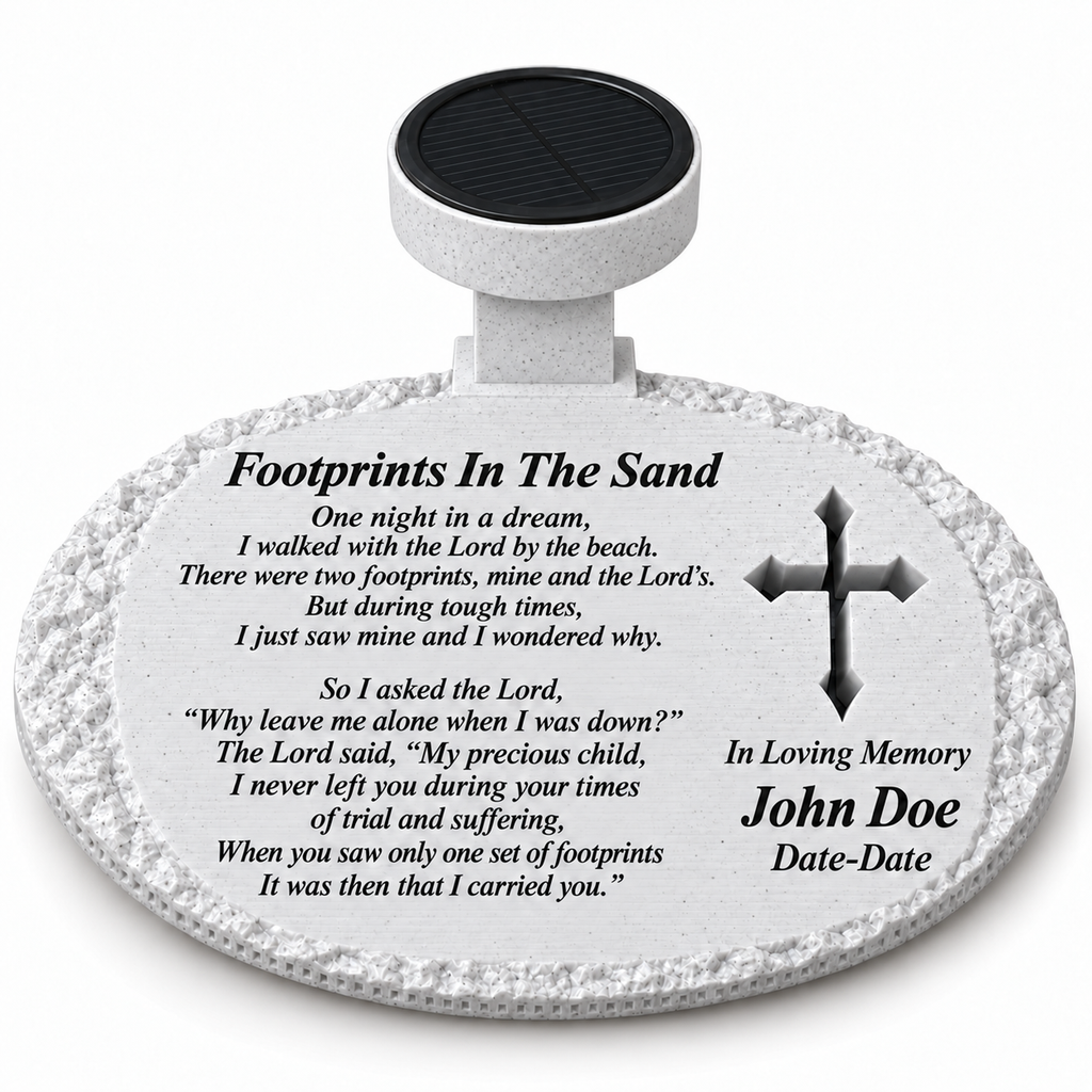 White rough oval solar memorial with cross and Footprints In The Sand poem