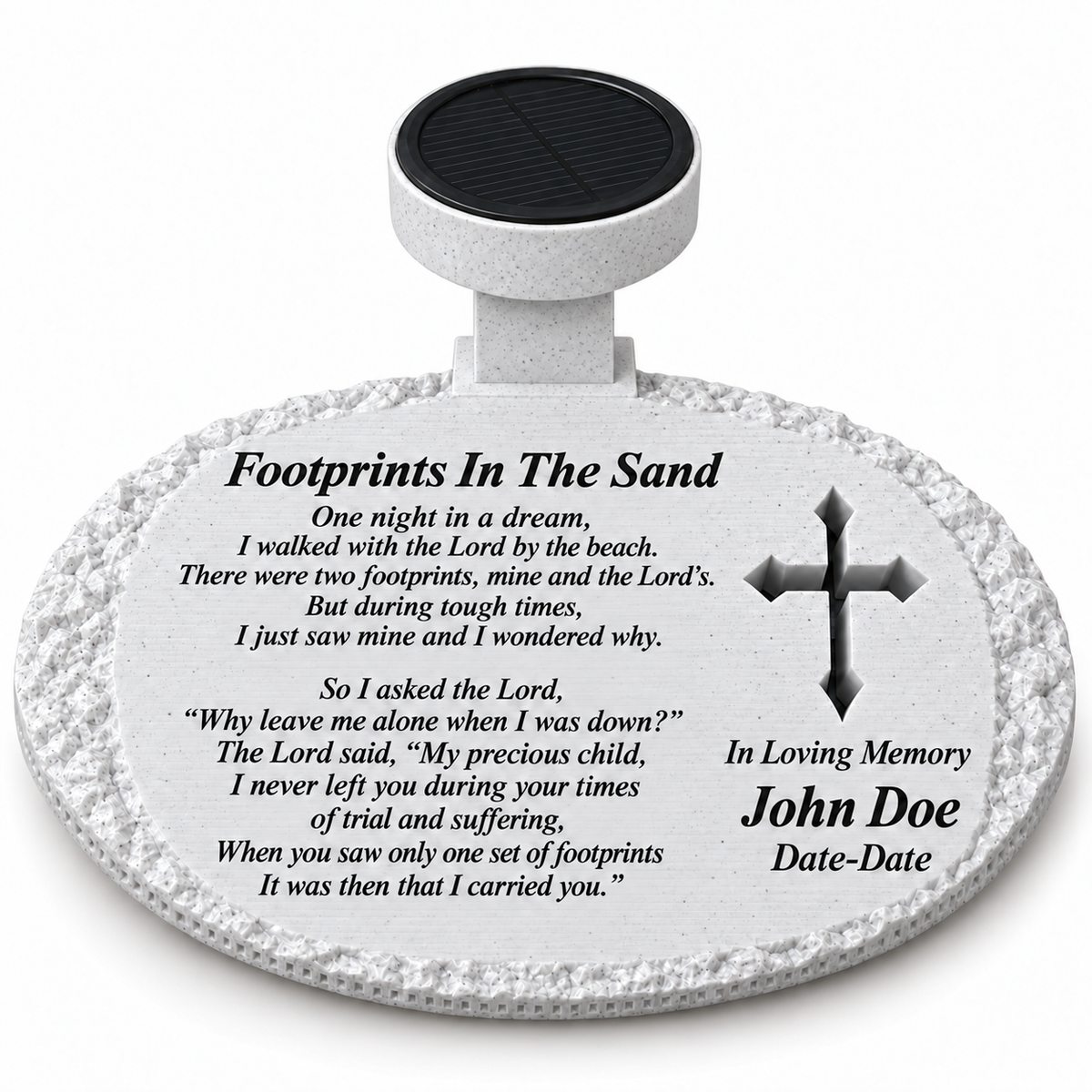 White rough oval solar memorial with cross and Footprints In The Sand poem