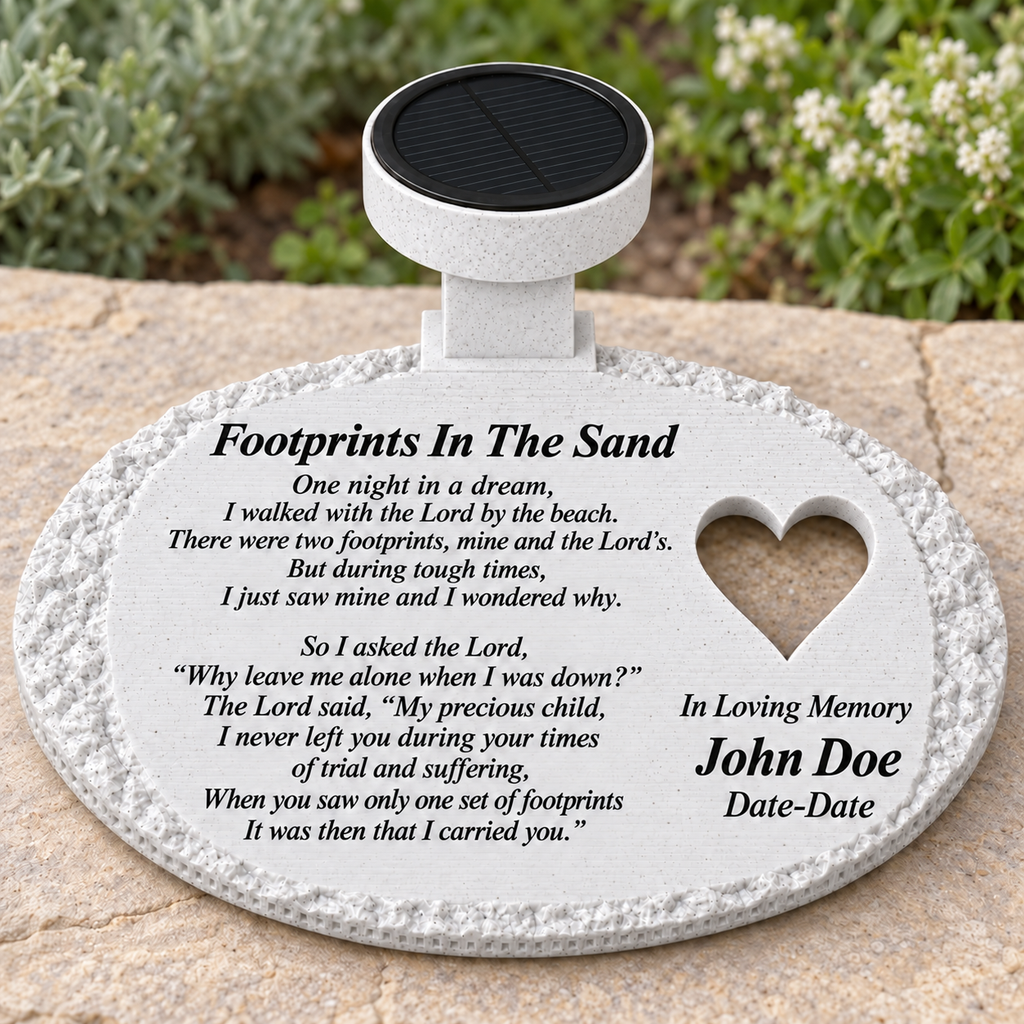 White rough oval solar memorial with heart and Footprints In The Sand poem