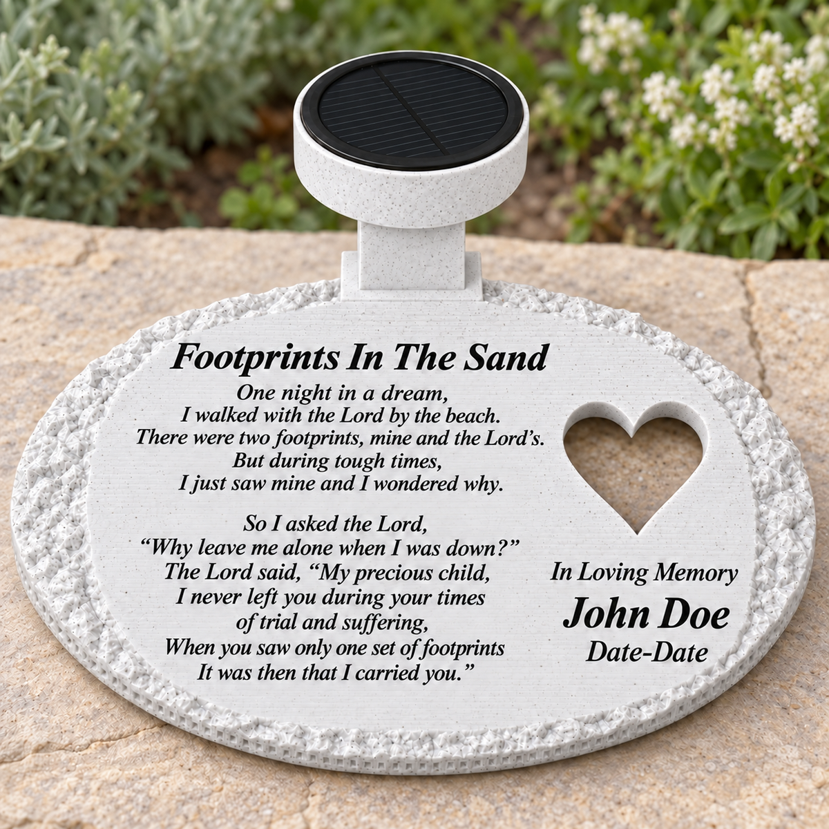 White rough oval solar memorial with heart and Footprints In The Sand poem