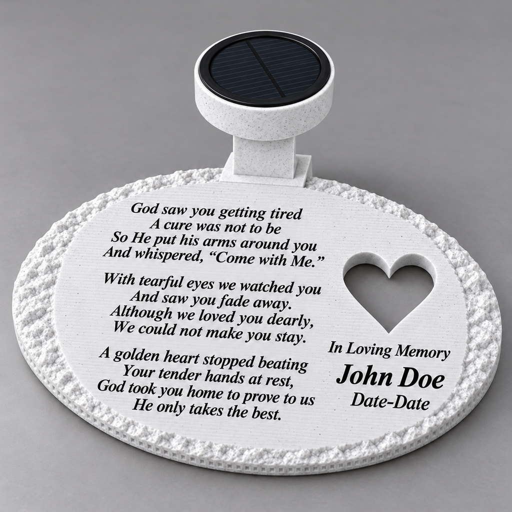 White rough oval solar memorial with heart and God Saw You Getting Tired poem