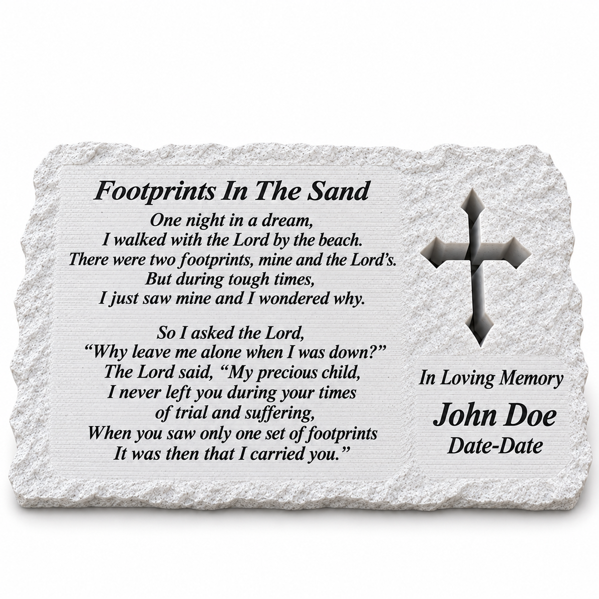 White rough rectangular memorial without LED, with cross and Footprints In The Sand poem