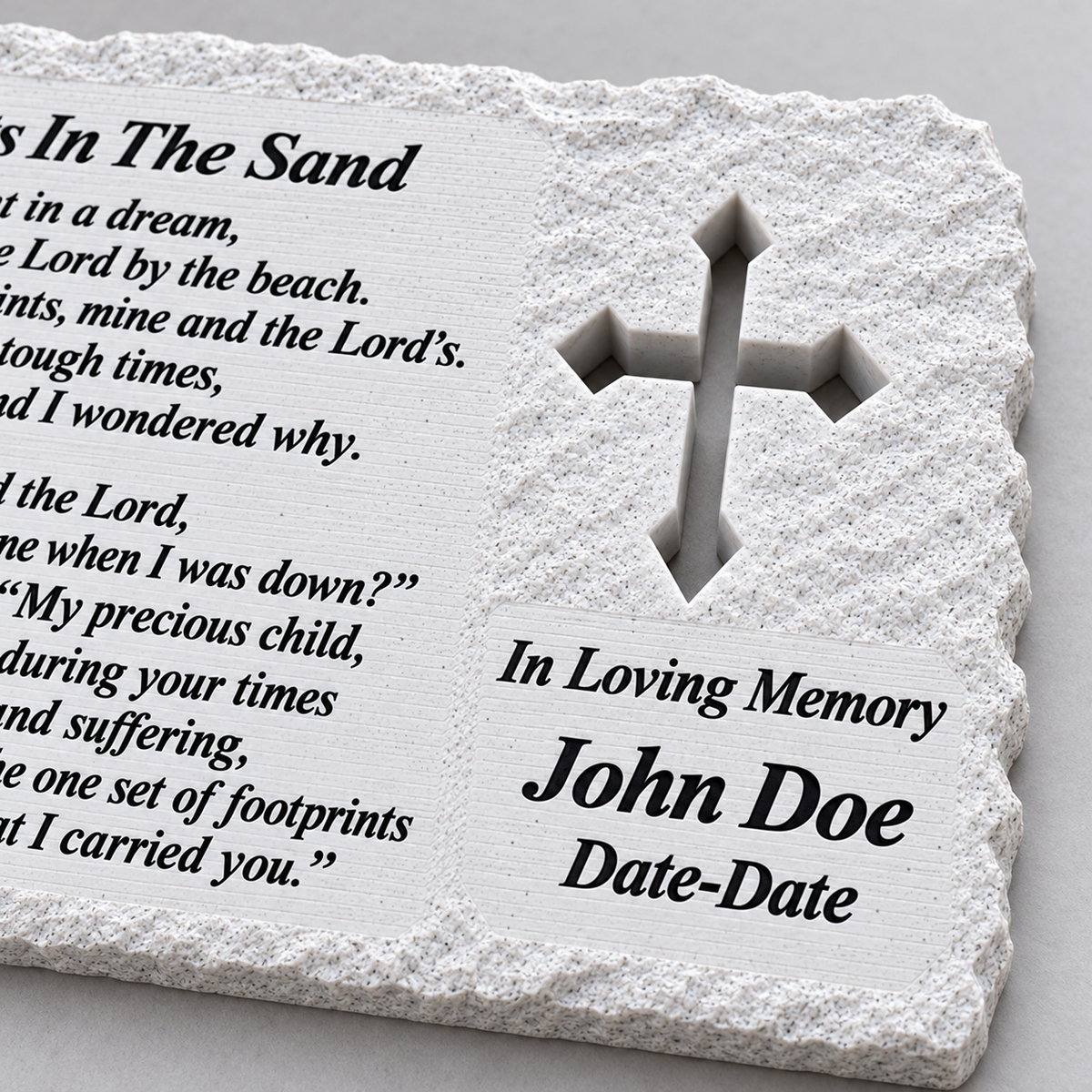 Close view of the cross, John Doe example inscription, dates and rough white border on FMsqrf-m memorial