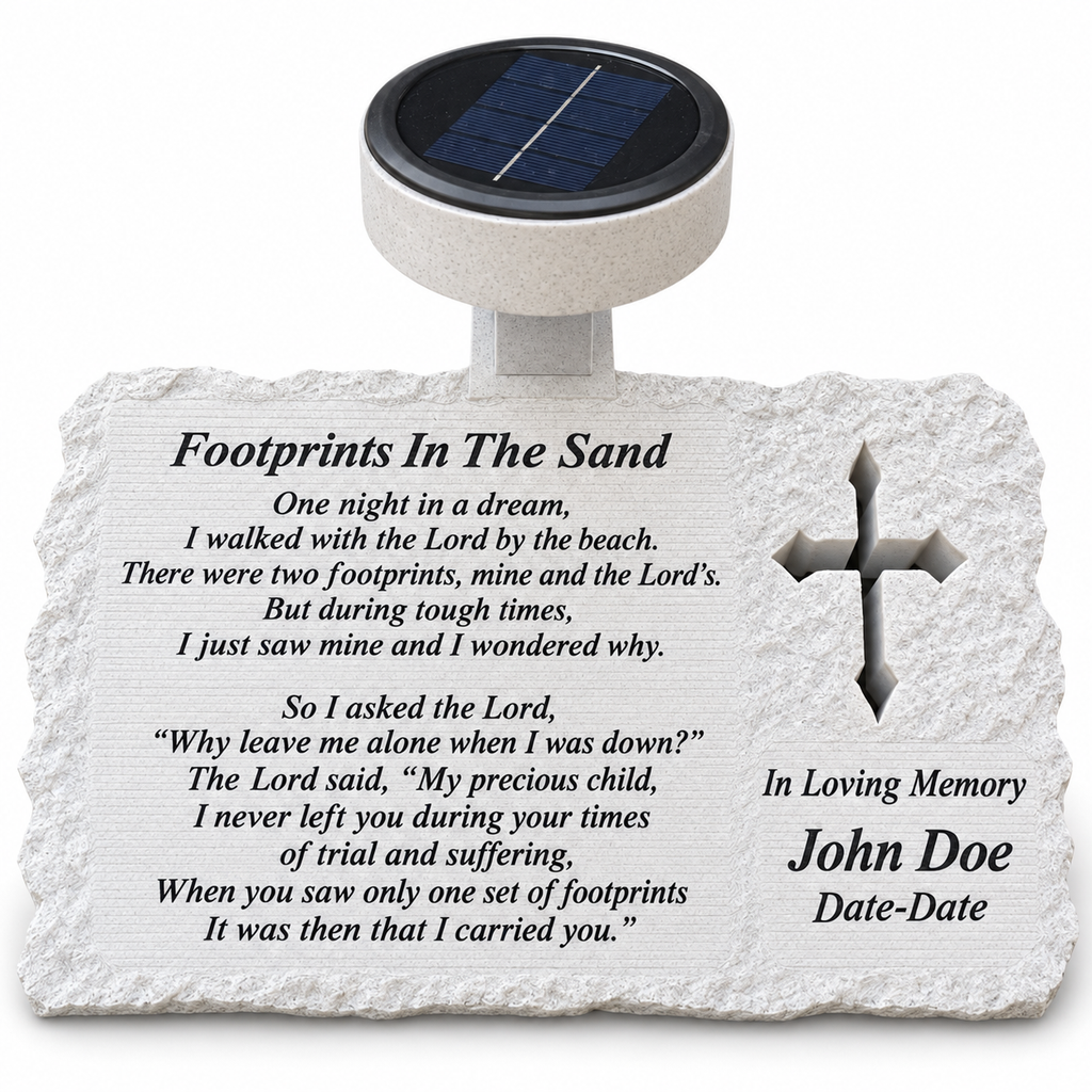 Personalized rough rectangular solar memorial for a loved one, with cross, Footprints In The Sand poem, John Doe and Date-Date display text