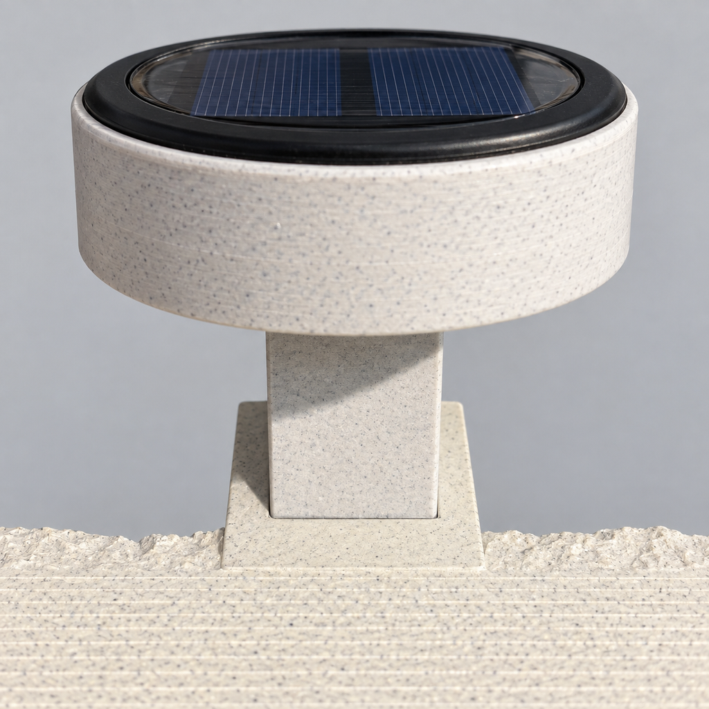 Close-up of the attached solar-light holder and low square mounting receiver on the rough rectangular memorial