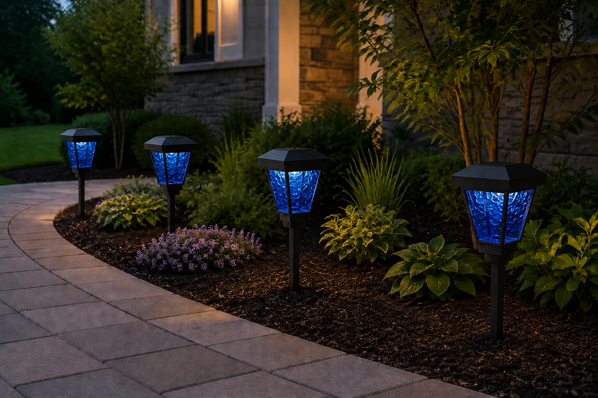 Lantern with Blue Textured Glass LED Bulb Solar Landscape Light – Olive Brown