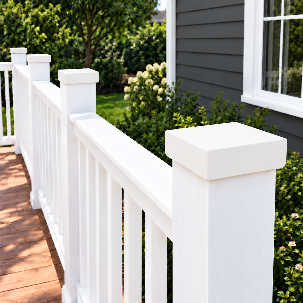 White plain post caps installed on deck posts