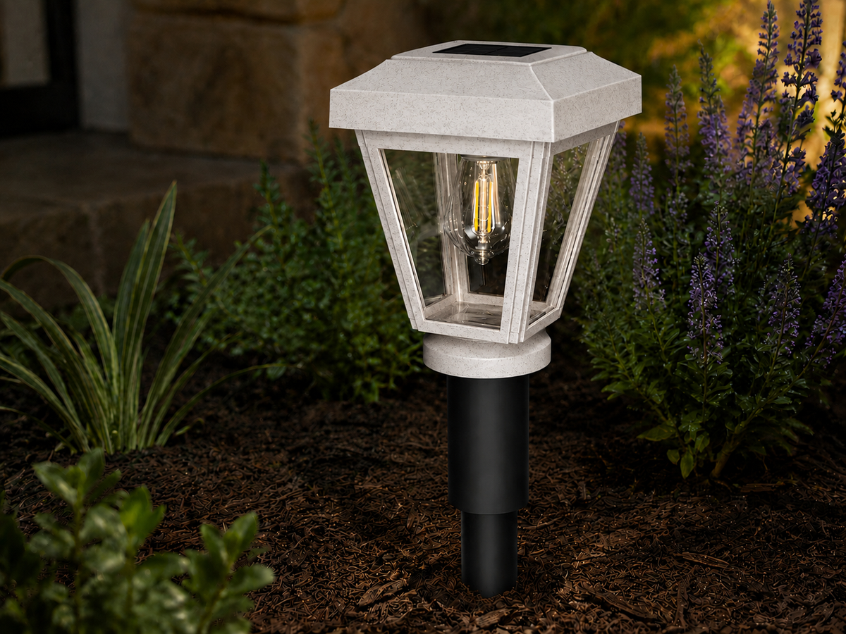 6 Inch Riser Lantern with Clear Glass LED Bulb Solar Landscape Light – Marble