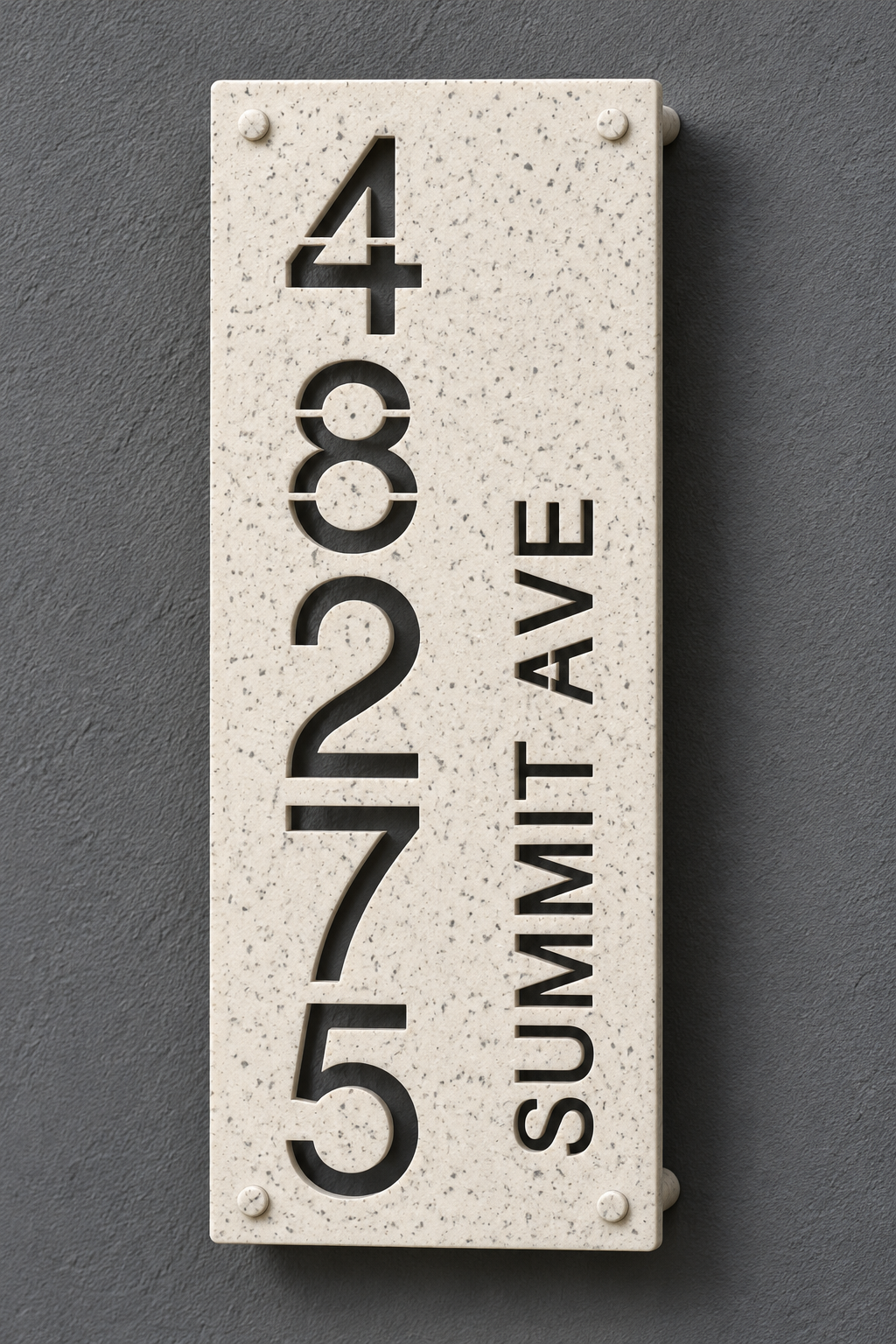 Marble personalized cutout address sign, sample 48275 and Summit Ave — front product view; styled product visualization.