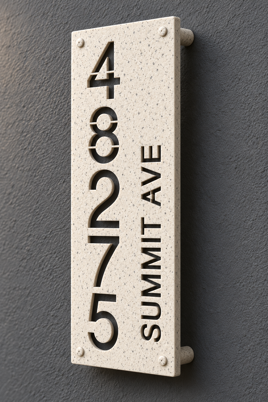 Marble personalized cutout address sign, sample 48275 and Summit Ave — angled view showing one-inch rear standoffs; styled product visualization.