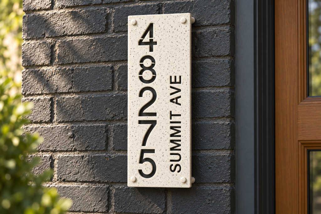 Marble personalized cutout address sign, sample 48275 and Summit Ave — mounted on a brick house; styled product visualization.