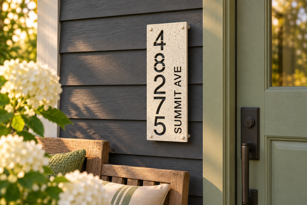 Marble personalized cutout address sign, sample 48275 and Summit Ave — farmhouse porch siding view; styled product visualization.