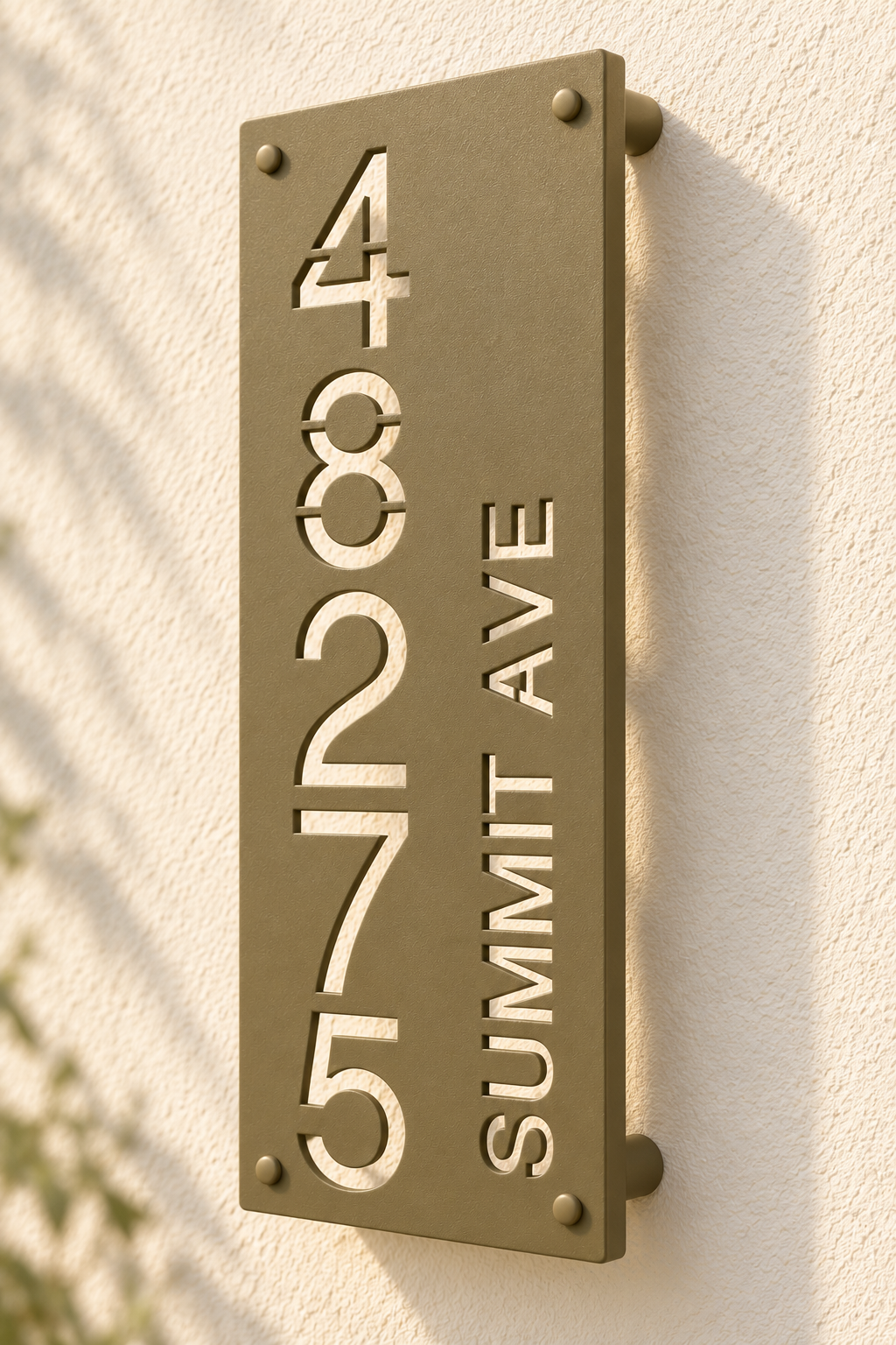 Olive Brown personalized cutout address sign, sample 48275 and Summit Ave — angled view showing one-inch rear standoffs; styled product visualization.