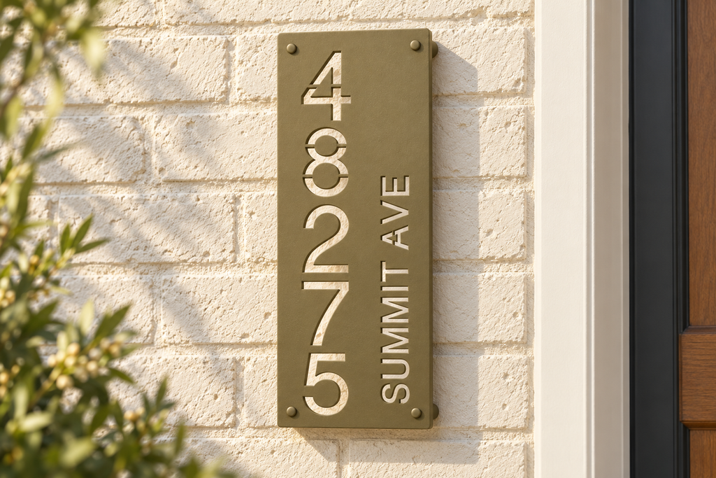 Olive Brown personalized cutout address sign, sample 48275 and Summit Ave — mounted on a brick house; styled product visualization.