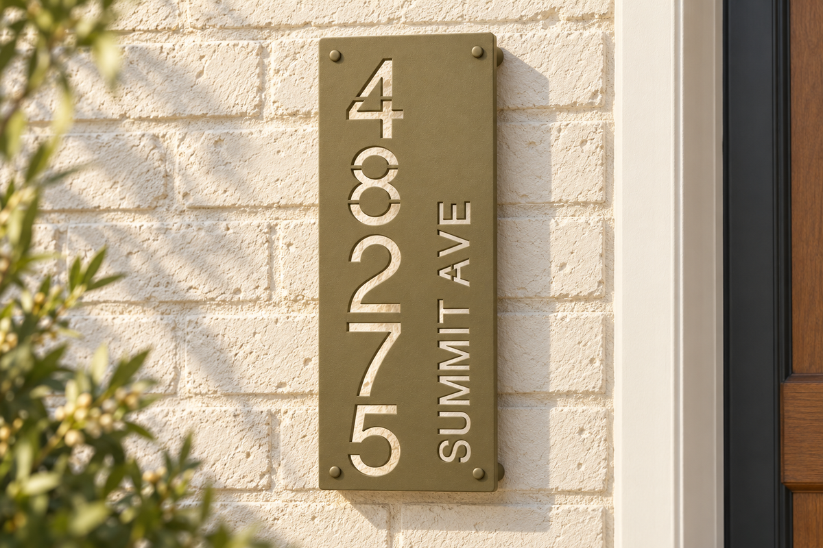 Olive Brown personalized cutout address sign, sample 48275 and Summit Ave — mounted on a brick house; styled product visualization.