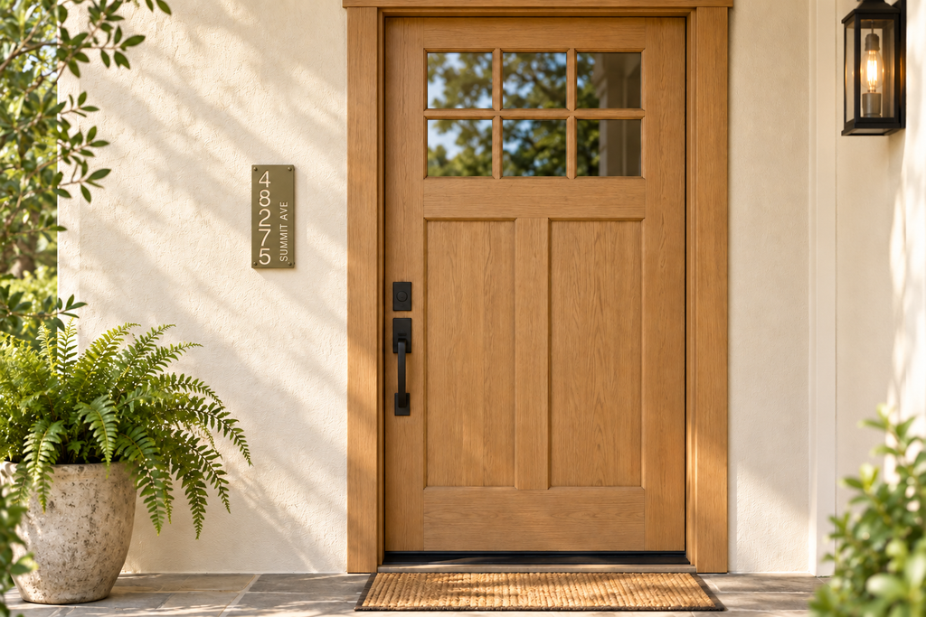 Olive Brown personalized cutout address sign, sample 48275 and Summit Ave — house entry view; styled product visualization.