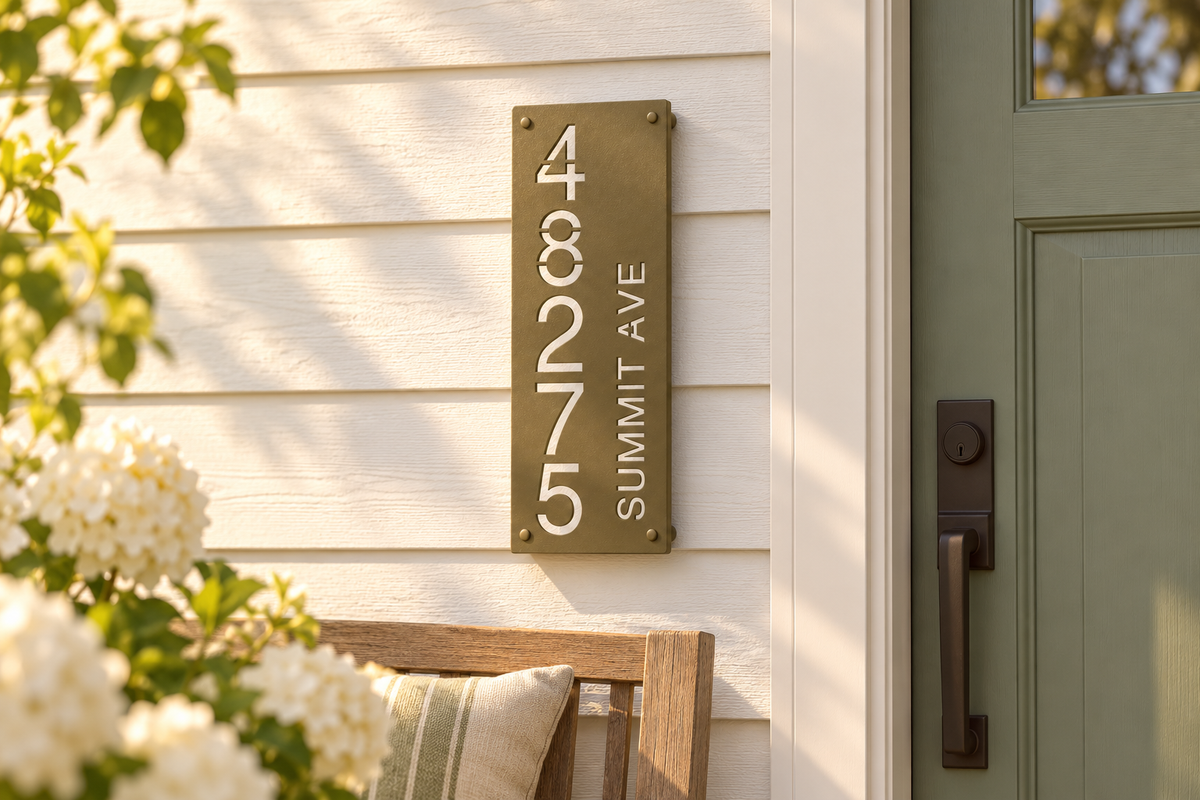 Olive Brown personalized cutout address sign, sample 48275 and Summit Ave — farmhouse porch siding view; styled product visualization.