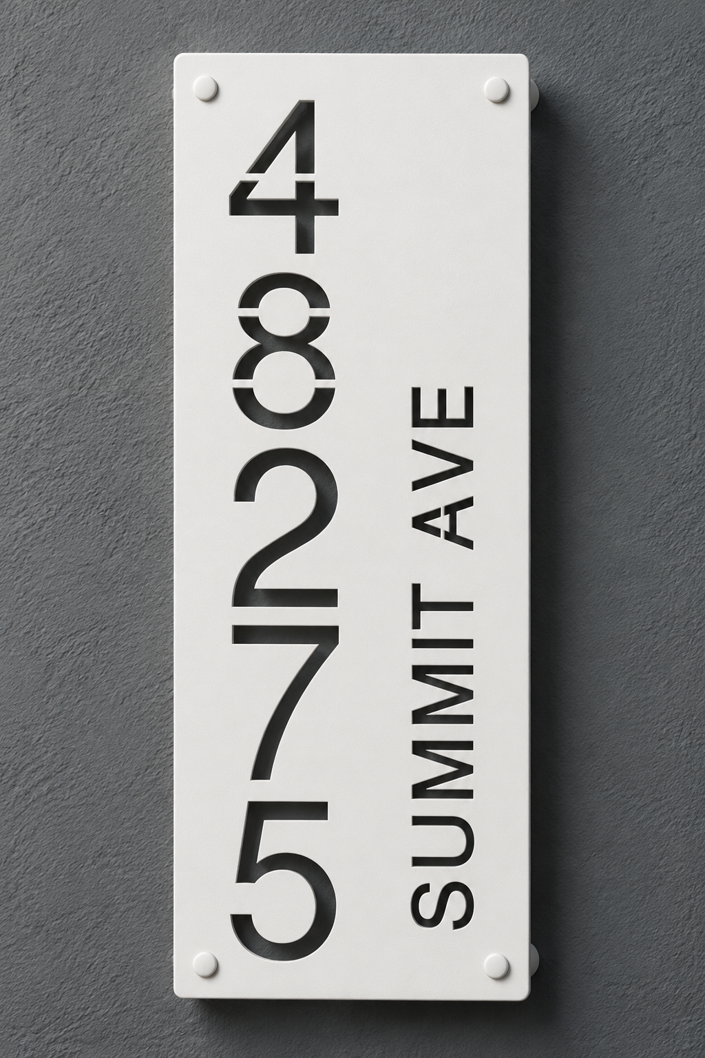White personalized cutout address sign, sample 48275 and Summit Ave — front product view; styled product visualization.