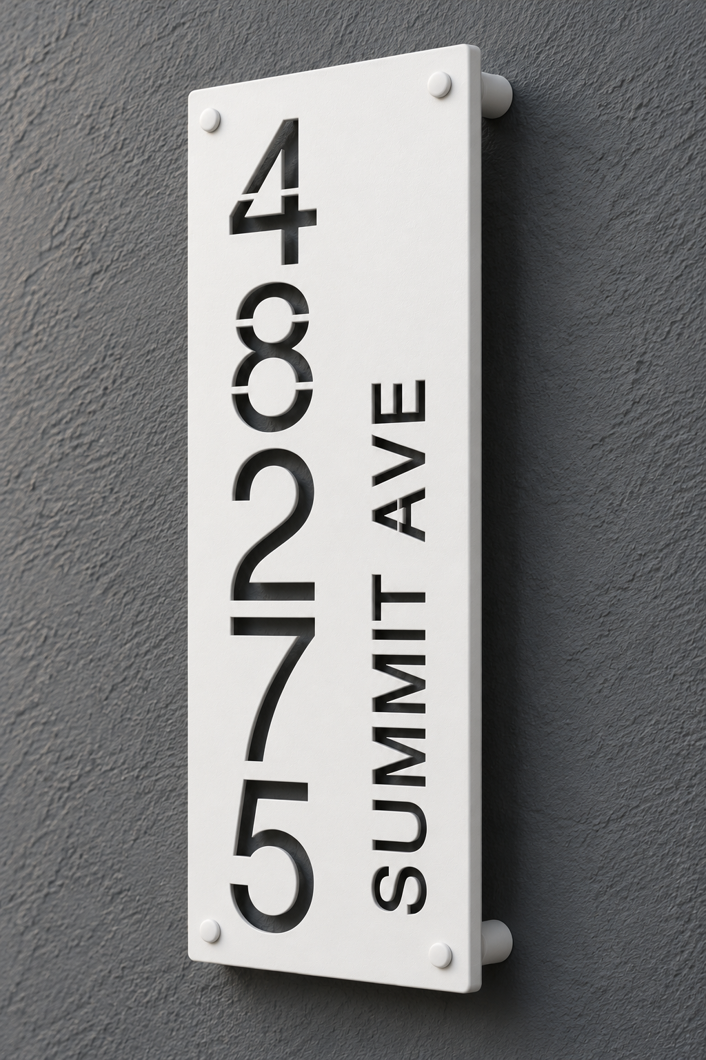 White personalized cutout address sign, sample 48275 and Summit Ave — angled view showing one-inch rear standoffs; styled product visualization.