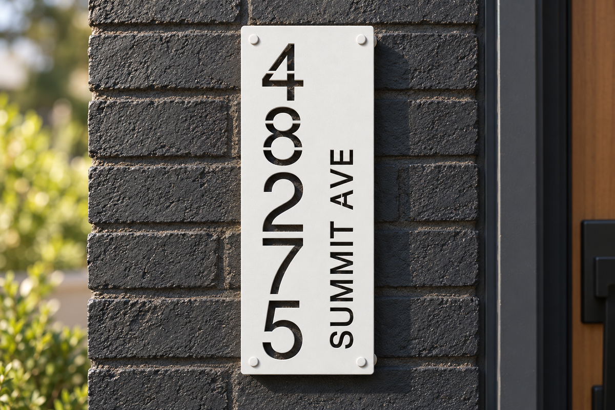 White personalized cutout address sign, sample 48275 and Summit Ave — mounted on a brick house; styled product visualization.