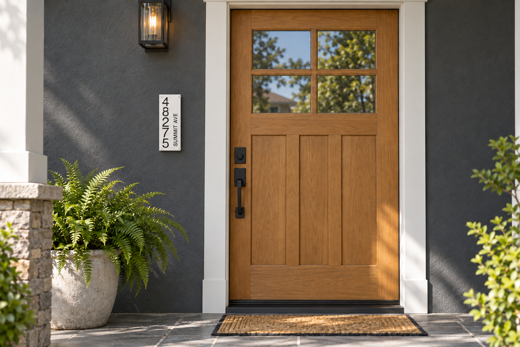 White personalized cutout address sign, sample 48275 and Summit Ave — house entry view; styled product visualization.