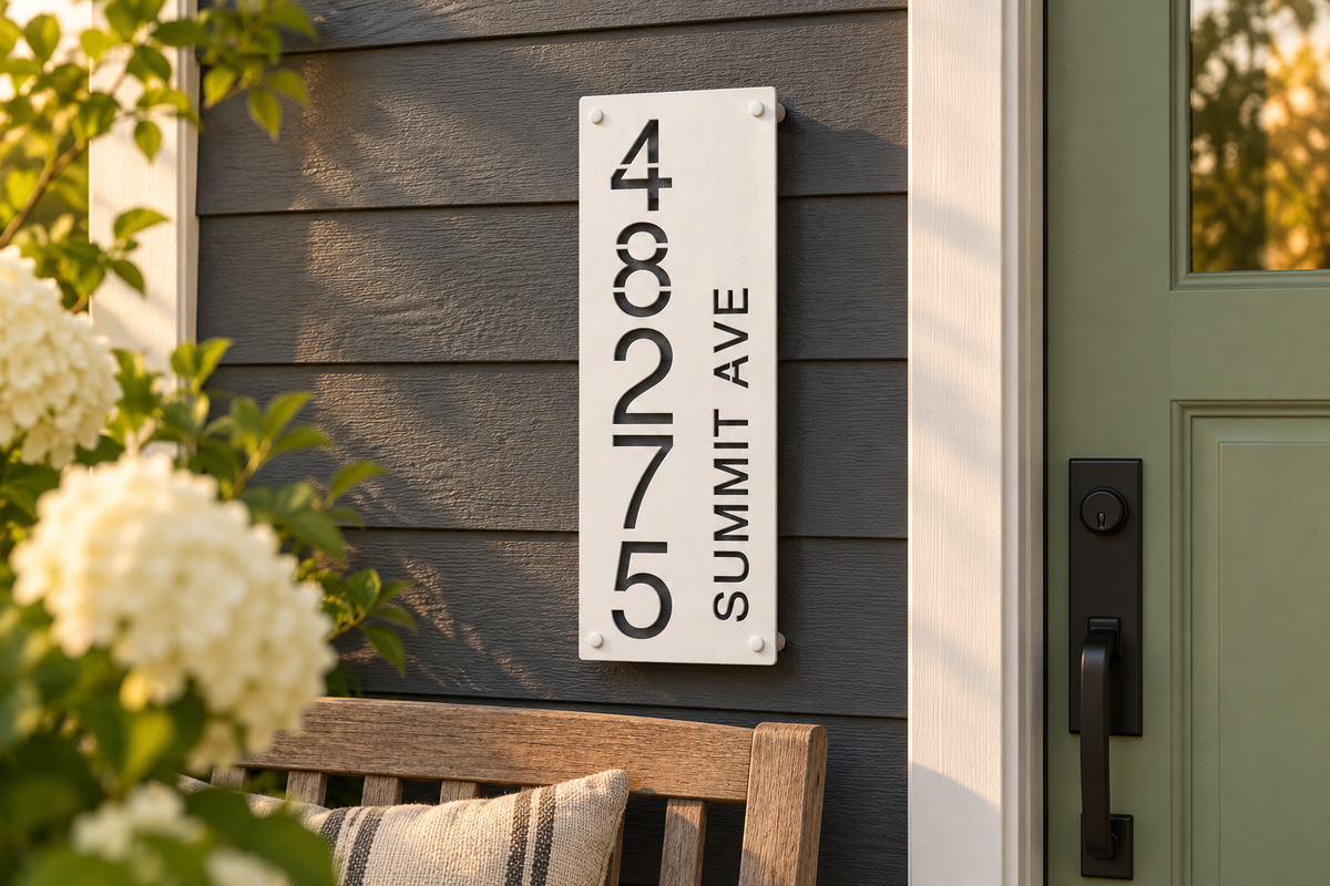 White personalized cutout address sign, sample 48275 and Summit Ave — farmhouse porch siding view; styled product visualization.
