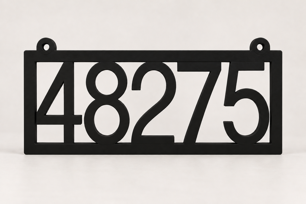 HSframe-b Black framed house and hanging mailbox number sign, sample 48275, front product view