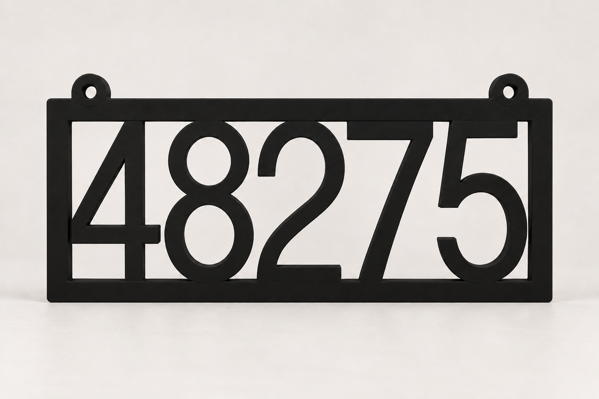 HSframe-b Black framed house and hanging mailbox number sign, sample 48275, front product view