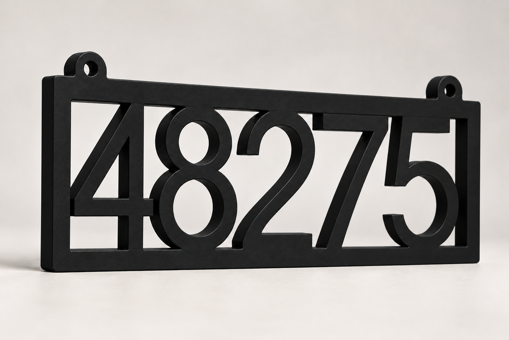 HSframe-b Black framed house and hanging mailbox number sign, sample 48275, angled product view