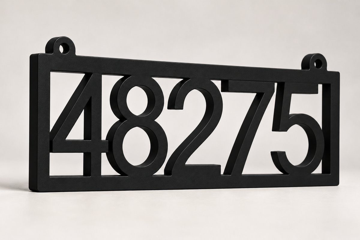 HSframe-b Black framed house and hanging mailbox number sign, sample 48275, angled product view