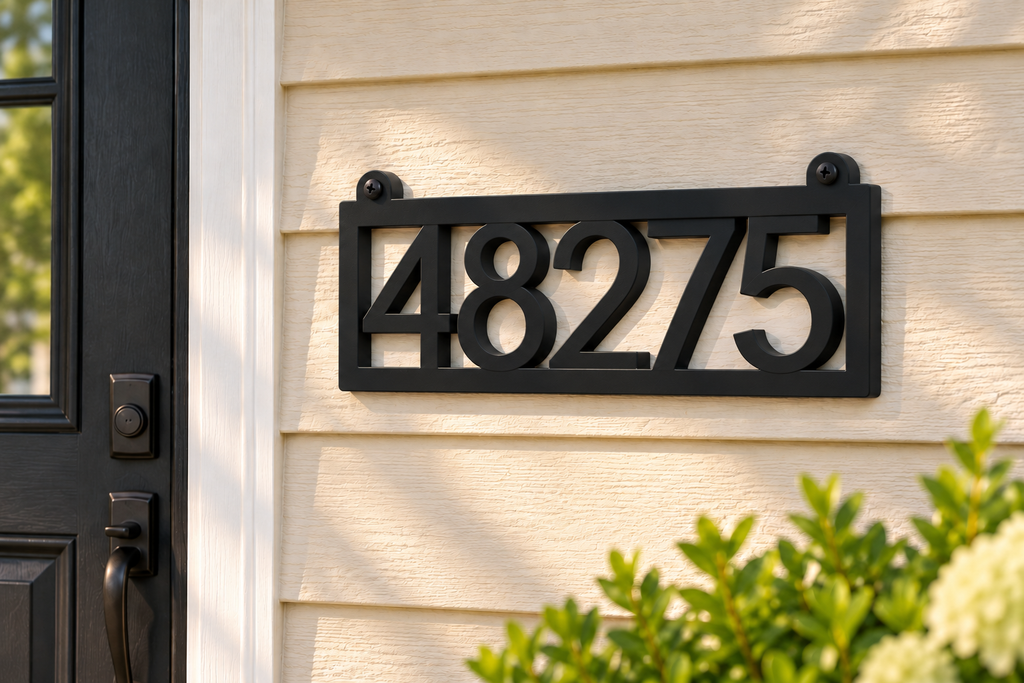 HSframe-b Black framed house and hanging mailbox number sign, sample 48275, house mounted view