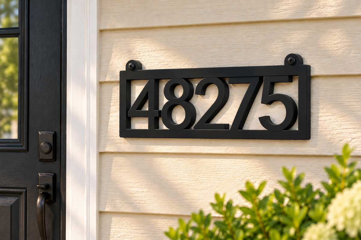 HSframe-b Black framed house and hanging mailbox number sign, sample 48275, house mounted view
