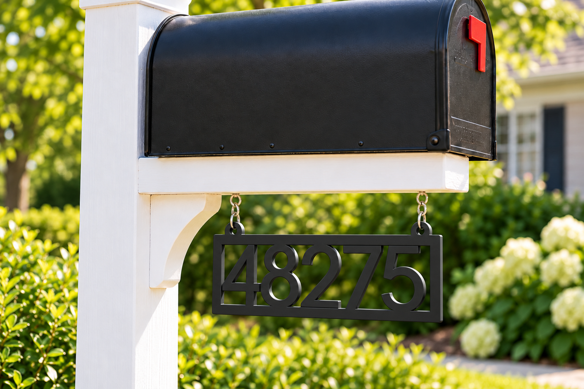 HSframe-b Black framed house and hanging mailbox number sign, sample 48275, mailbox close view