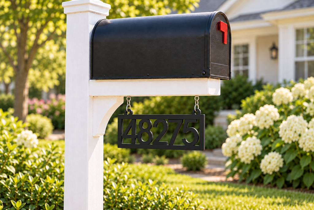 HSframe-b Black framed house and hanging mailbox number sign, sample 48275, mailbox garden view