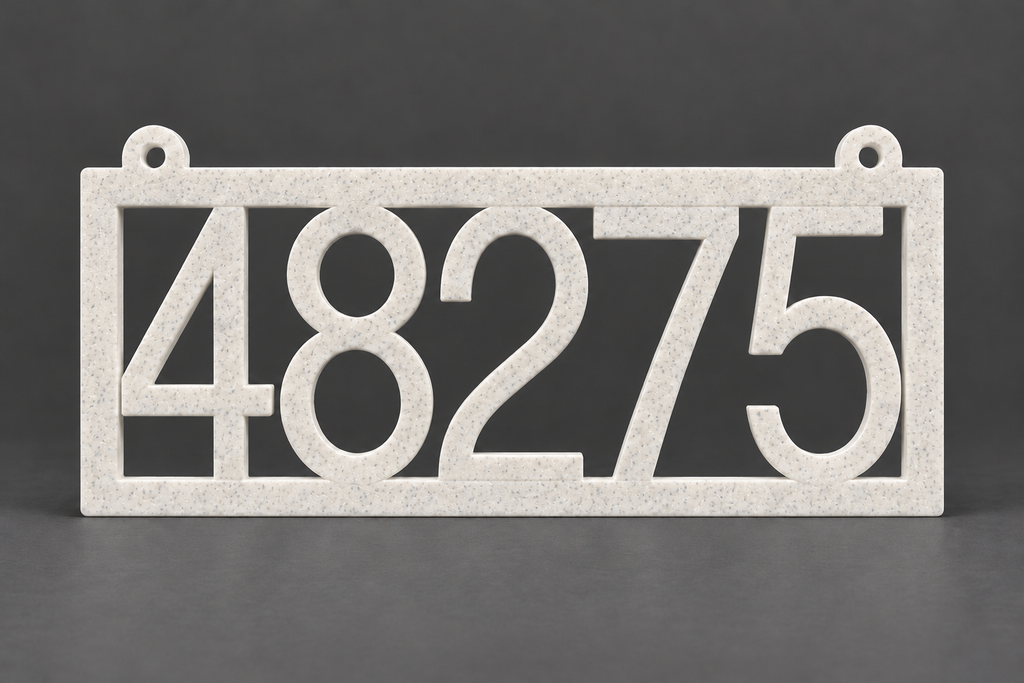 HSframe-m Marble framed house and hanging mailbox number sign, sample 48275, front product view