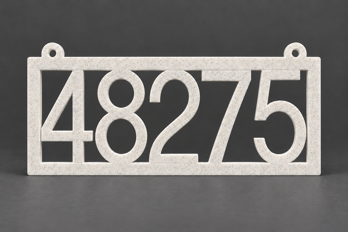 HSframe-m Marble framed house and hanging mailbox number sign, sample 48275, front product view