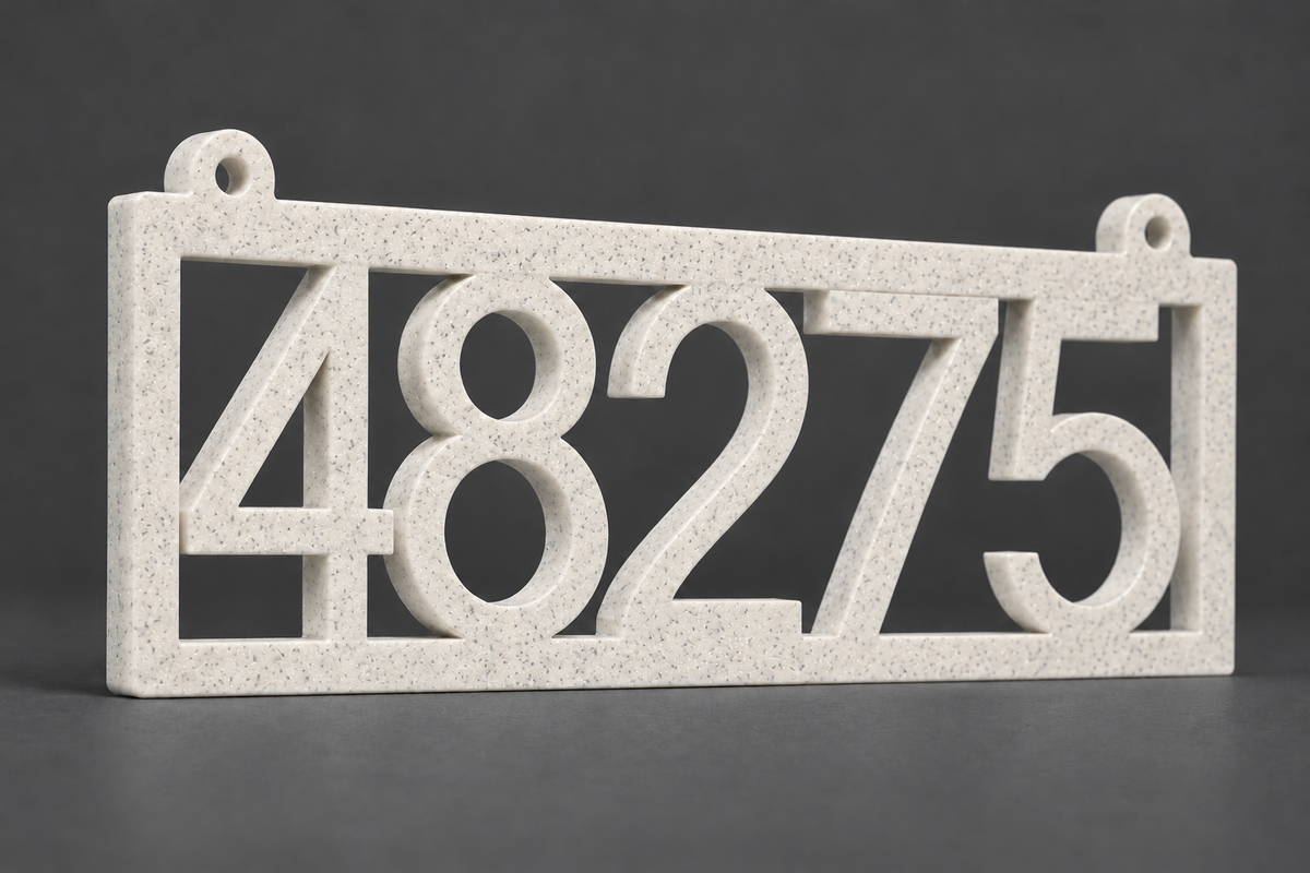 HSframe-m Marble framed house and hanging mailbox number sign, sample 48275, angled product view