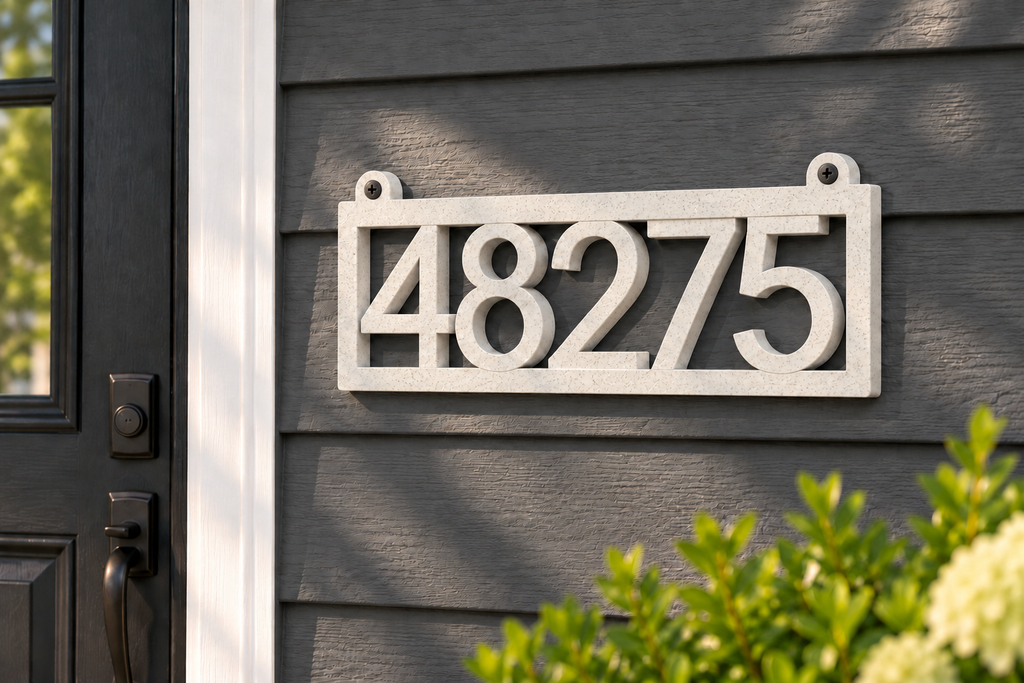 HSframe-m Marble framed house and hanging mailbox number sign, sample 48275, house mounted view