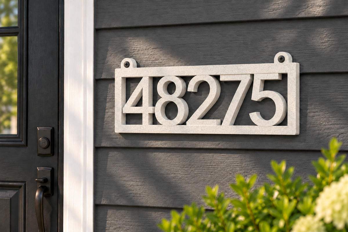 HSframe-m Marble framed house and hanging mailbox number sign, sample 48275, house mounted view
