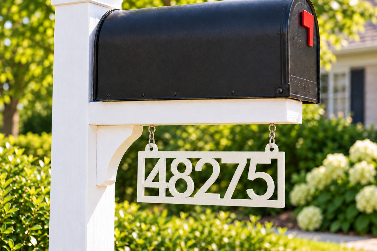 HSframe-m Marble framed house and hanging mailbox number sign, sample 48275, mailbox close view