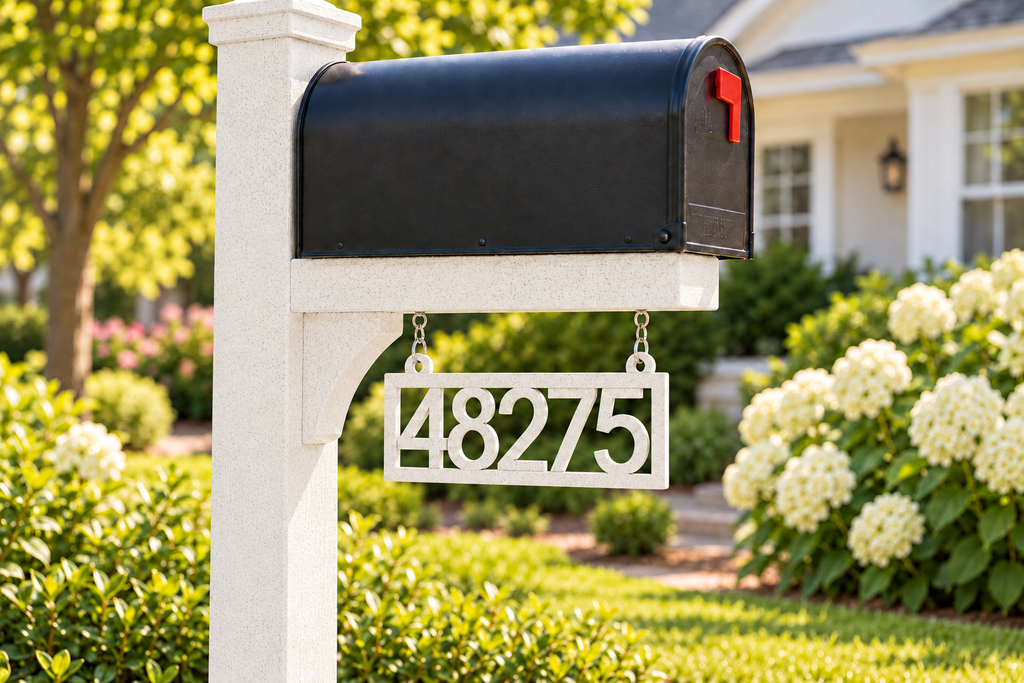 HSframe-m Marble framed house and hanging mailbox number sign, sample 48275, mailbox garden view