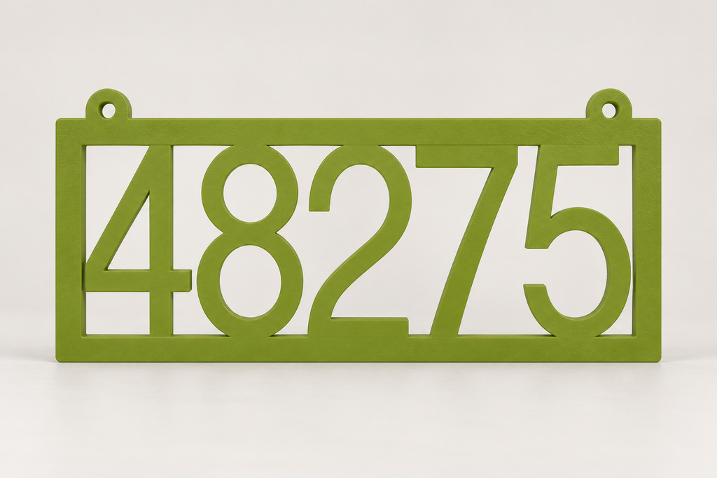 HSframe-ng Natural Green framed house and hanging mailbox number sign, sample 48275, front product view