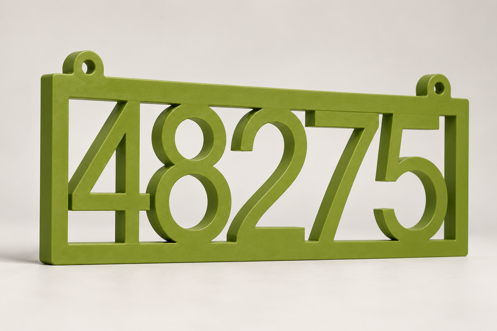 HSframe-ng Natural Green framed house and hanging mailbox number sign, sample 48275, angled product view