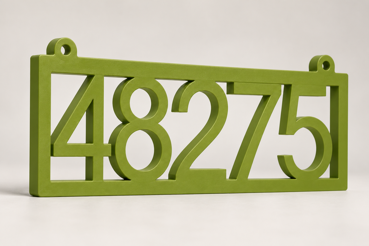 HSframe-ng Natural Green framed house and hanging mailbox number sign, sample 48275, angled product view