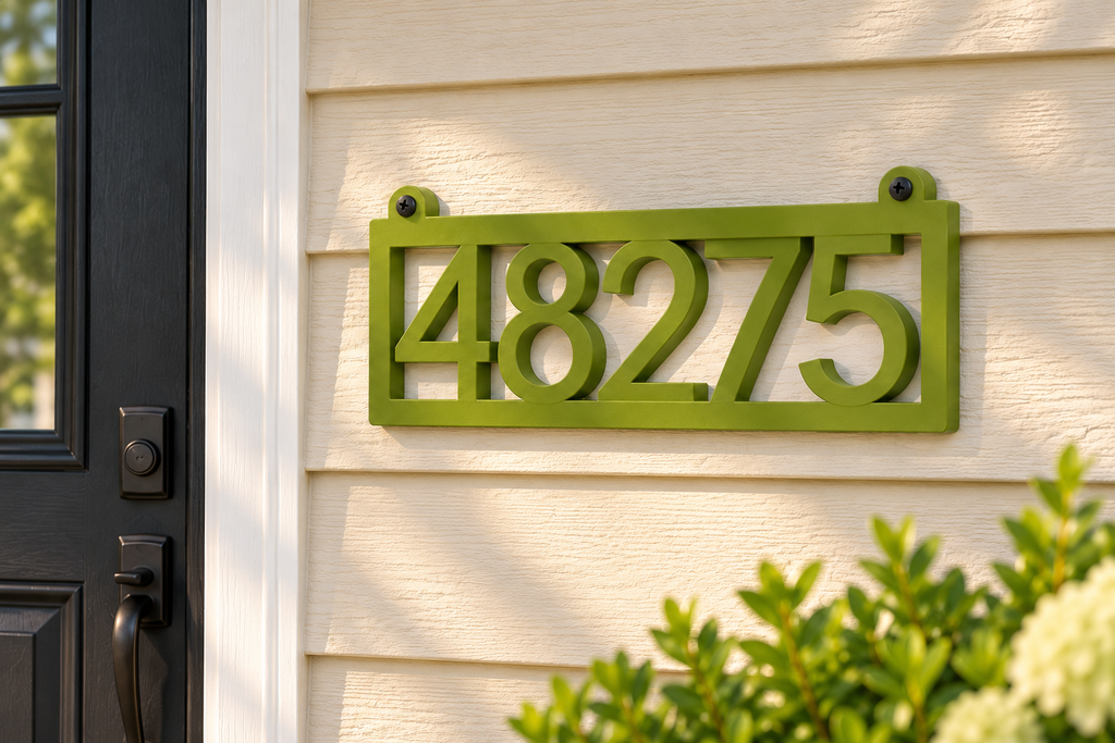 HSframe-ng Natural Green framed house and hanging mailbox number sign, sample 48275, house mounted view