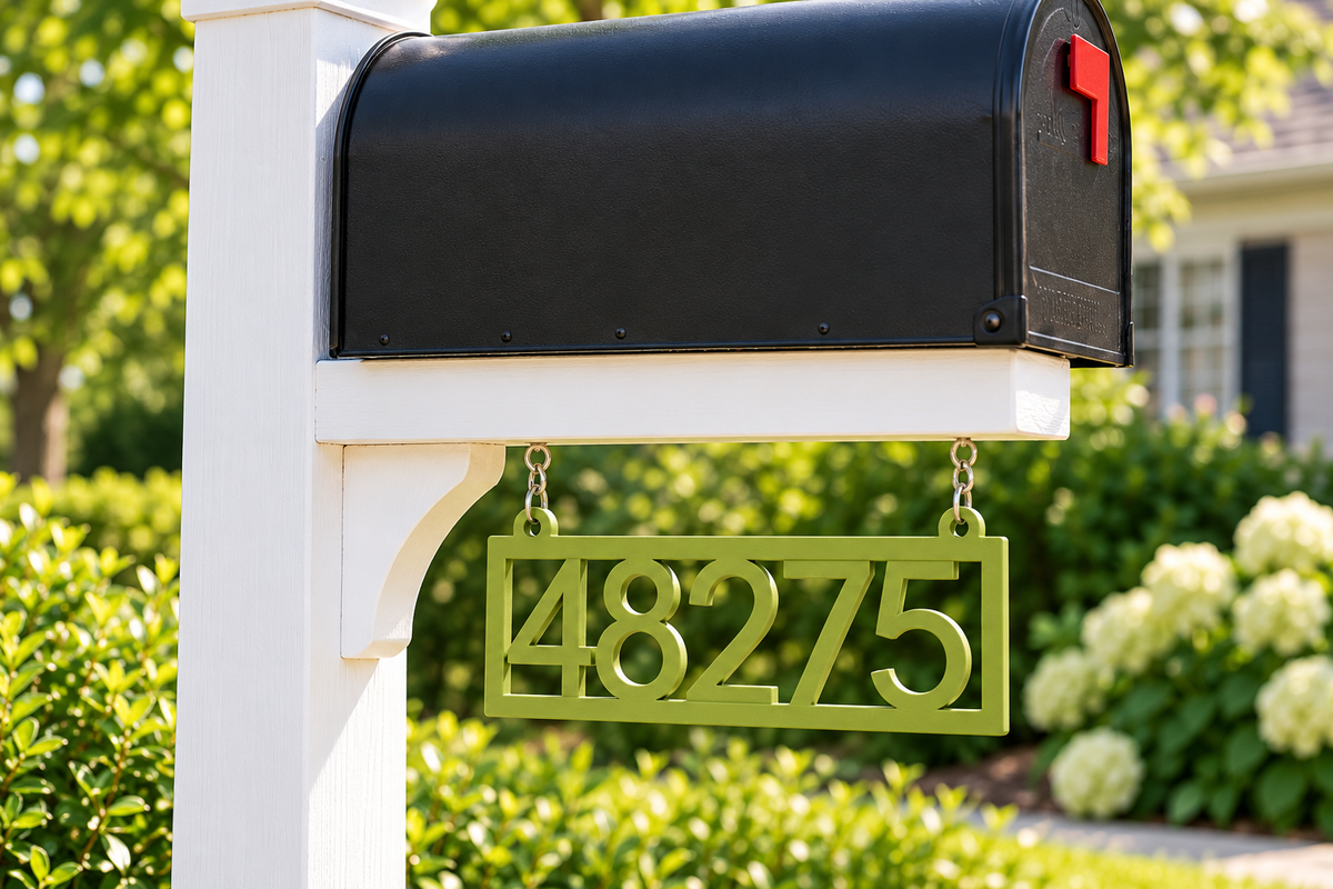 HSframe-ng Natural Green framed house and hanging mailbox number sign, sample 48275, mailbox close view