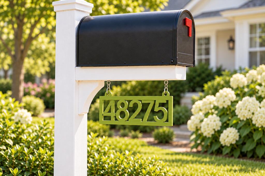 HSframe-ng Natural Green framed house and hanging mailbox number sign, sample 48275, mailbox garden view