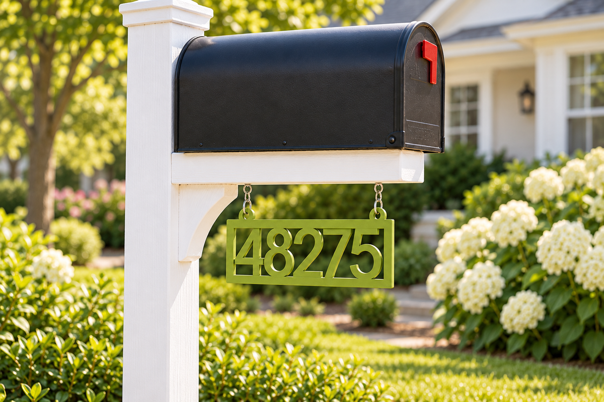 HSframe-ng Natural Green framed house and hanging mailbox number sign, sample 48275, mailbox garden view