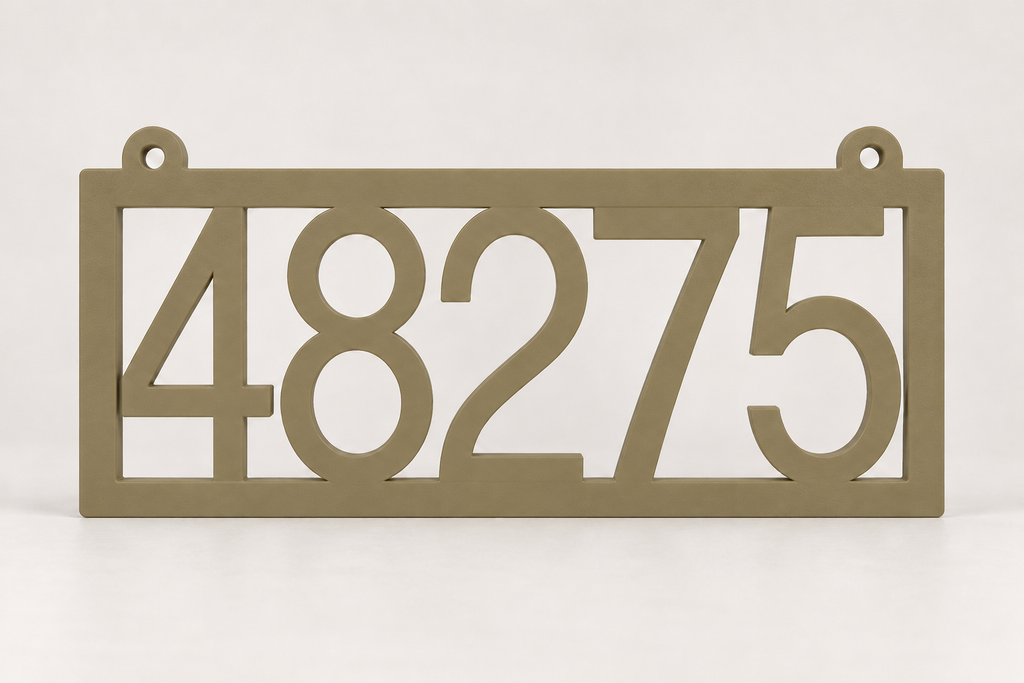 HSframe-ob Olive Brown framed house and hanging mailbox number sign, sample 48275, front product view